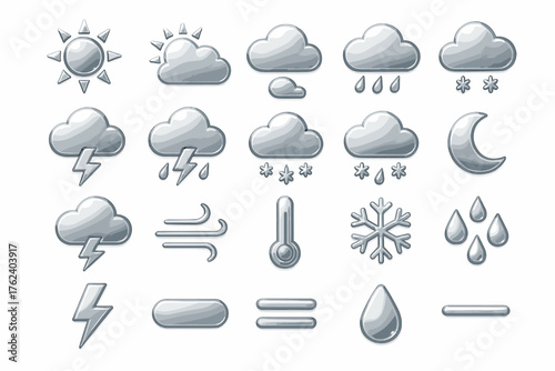 icons in a gray-metallic style. The theme focuses on weather conditions.