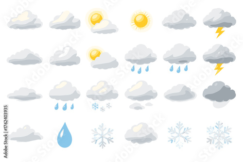 icons in soft colors (mainly gray, yellow, and blue tones). The theme focuses on weather conditions.