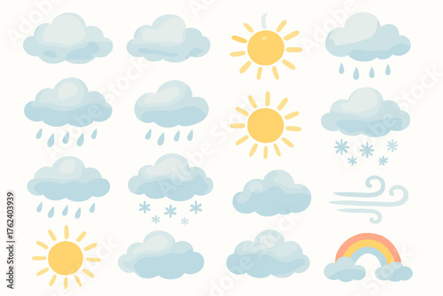 icons in soft colors (mainly blue and yellow tones). The theme focuses on weather conditions.