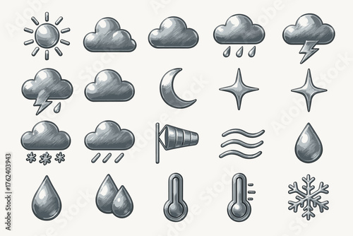 icons in a gray-metallic style. The theme focuses on weather conditions.