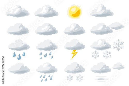 Color icons (outlines) of weather conditions in vector graphics style. They are depicted in a minimalist form using gradients and symbols representing different types of weather.