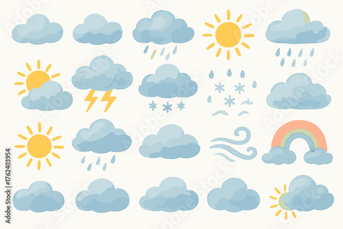 colorful icons representing various weather conditions. Each element is rendered in soft pastel colors, creating a friendly and decorative style for design or illustrations.