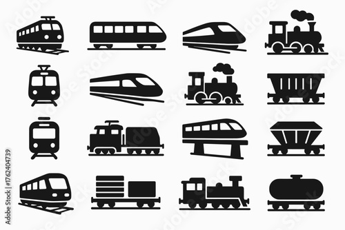 silhouettes of various types of trains and carriages. Passenger trains (electric and high-speed), steam locomotives, freight carriages (platforms, tankers, and open rolling stock), modern maglev train