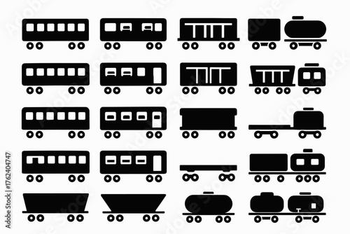 A set of railway carriage silhouettes. Passenger carriages with windows, freight carriages (including flatcars, tankers, and open rolling stock), carriages with doors and various designs.