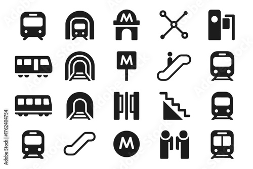 A set of icons related to public transport and station infrastructure.