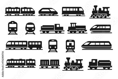 black-and-white silhouettes of trains, including various types: passenger trains, high-speed trains, freight cars, and locomotives.