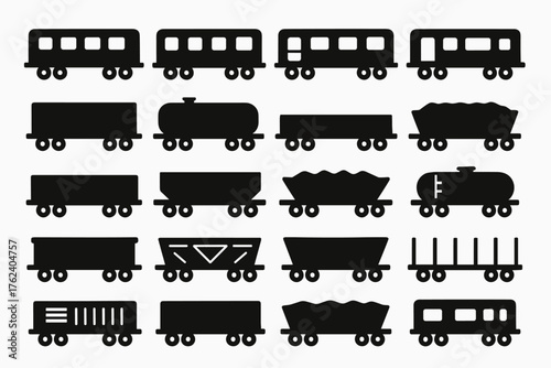 A set of black-and-white silhouettes of railway carriages. Among them are various types of carriages: passenger, freight, tankers, platforms for trees, and carriages for bulk materials.