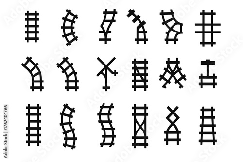 A set of icons representing various configurations of railroad tracks. All icons are designed in black and white.