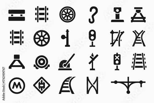 A set of icons representing various elements of railway themes and signaling. All icons are made in black and white style.
