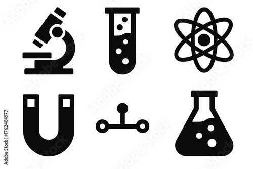 Scientific inventor silhouette set: microscope, test tube, atom, magnet, circuit, flask.