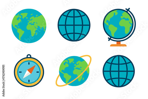 Globe flat icons: world map, rotating sphere, latitude lines, globe on stand, compass, orbit.