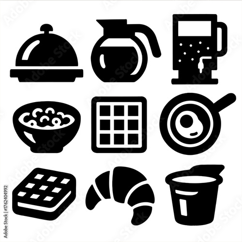 Hotel Buffet silhouette set: cloche dish, coffee carafe, juice dispenser, omelet pan, cereal bowl, waffle, croissant, yogurt cup.
