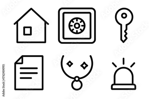 Home safe outline icon set: house, safe box, key, document, jewelry, alarm.