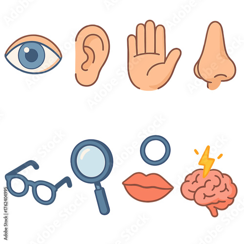 Perception basics set icons in modern isometric flat vector style: human eye, ear, open hand, nose, mouth, glasses, magnifying glass, brain with spark.