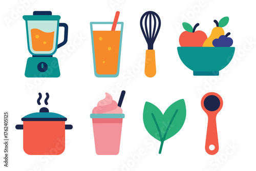 Food Blending flat icons: blender, smoothie glass, whisk, fruit bowl, soup pot, milkshake cup, herbs, measuring spoon.