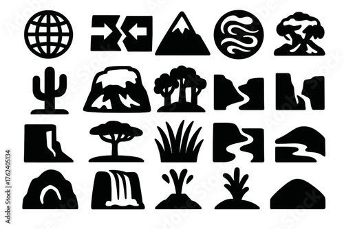 Earth Study Icons silhouette set: globe hemisphere, tectonic plates, mountain peak, ocean current, desert cactus, polar ice cap, rainforest trees, valley, cliff edge, savanna