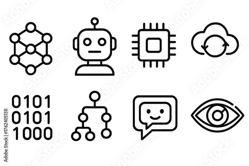 Artificial Intelligence outline icon set: neural network, robot head, circuit chip, cloud sync, binary code, algorithm nodes, chatbot bubble, futuristic eye.