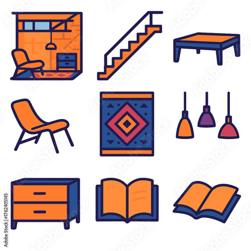 Loft flat icons: open floor, ladder steps, low table, lounge chair, rug pattern, hanging lights, chest, open book.