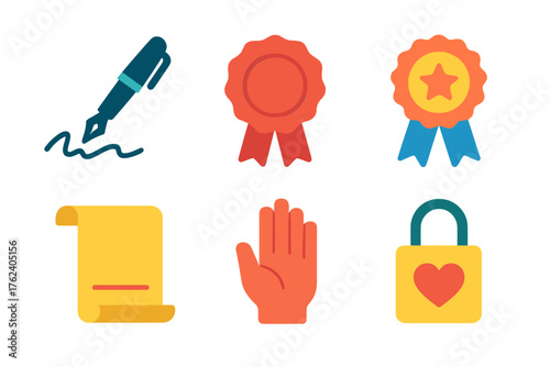 Commitment signs flat icons: signature, seal, ribbon, scroll, pledge hand, lock with heart.