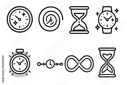 Creative timestamp outline icon set: starry clock, abstract spiral with time, sand falling, cosmic watch, neon timer, glowing timeline, infinity loop, fractal hourglass.