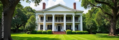 Antebellum Grandeur A Sprawling Southern Plantation House with Classic Columns, Lush Gardens, and Serene Veranda, Perfect for History, Architecture, Travel, and Real Estate Projects.
