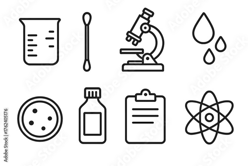 Sampling outline icon set: beaker, swab stick, microscope, droplet trail, lab tray, sample bottle, clipboard, atom.