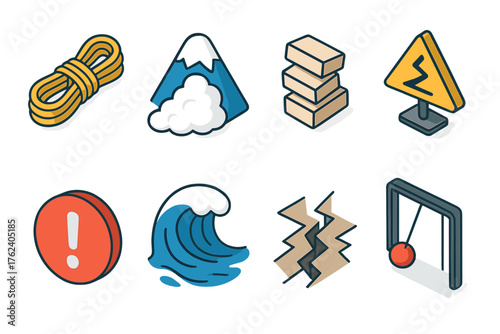 Risk set icons in modern isometric flat vector style: climbing rope, avalanche, unstable stack, slippery road sign, exclamation circle, flood wave, earthquake cracks, swinging