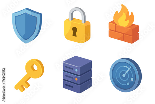 Security multicloud set icons in modern isometric flat vector style: shield, lock, firewall, key, server, radar.