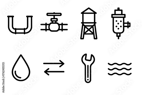 Urban Water Network outline icon set: water pipes, valve wheel, reservoir tower, filtration device, flow arrows, droplet symbol, maintenance wrench, eco waves. , , High resolution,