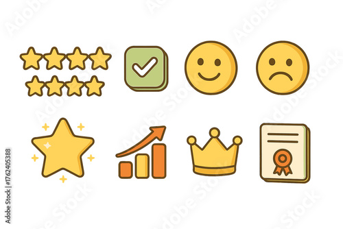 Rating set icons in modern isometric flat vector style: five stars, checkmark, smiling face, frowning face, glowing star, ranking chart, crown, certificate.