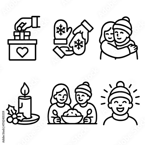Winter Holidays Goodwill outline icon set: donation box, mitten exchange, hug, candlelight, shared meal, joyful expression. , , High resolution, sharp vector-like appearance, ideal
