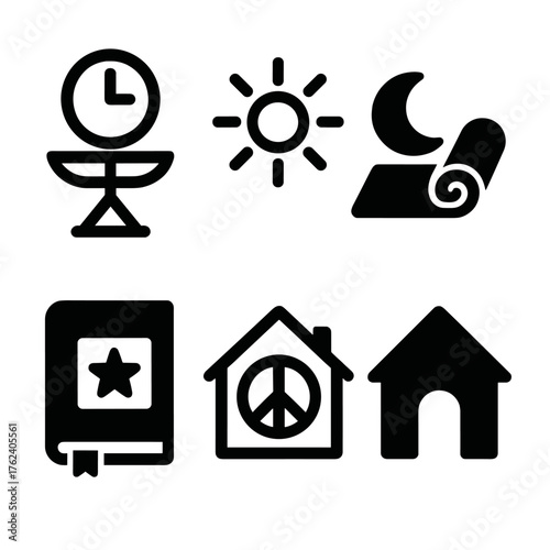 Work-Life Balance silhouette set: clock balance, briefcase, sun and moon, yoga mat, journal, peaceful home. , , High resolution, sharp vector-like appearance, ideal for UI and web