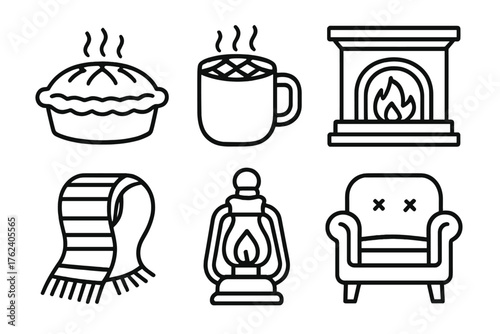 Thanksgiving Warmth outline icon set: warm pie, cup of cocoa, fireplace mantel, wool scarf, glowing lantern, cushioned armchair. , , High resolution, sharp vector-like appearance,