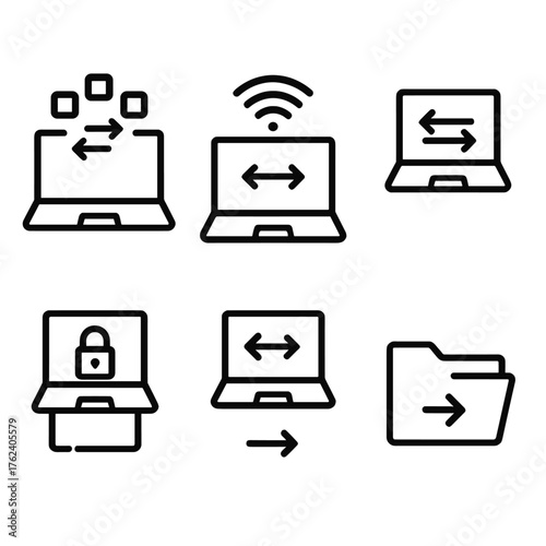 Peer-to-Peer Transfers outline icon set: two laptops, data packets, wireless signal, transfer arrows, secure link, shared folder. , , High resolution, sharp vector-like appearance,