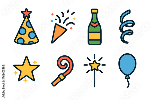 New Year Party Hats flat icons: polka-dot hat, confetti burst, champagne bottle, streamer swirl, glowing star, noisemaker, sparkler, balloon. , , High resolution, sharp vector-like