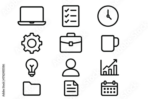 Work Autonomy outline icon set: laptop, checklist, clock, gear, briefcase, coffee mug, light bulb, person, graph, folder, document, calendar. , , High resolution, sharp vector-like