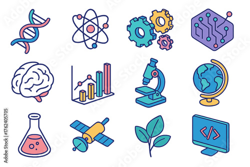 Interdisciplinary Science flat isometric set: DNA helix, atom model, gear mechanism, circuit board, brain icon, data chart, microscope, globe, chemical flask, satellite, plant leaf