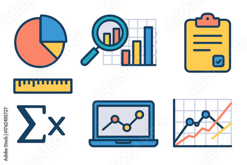 Quantitative Research flat icons: pie chart, data analysis, ruler, equation symbols, laptop, chart lines, grid, clipboard.