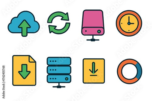 Backup & Restore flat icons: cloud, arrow circle, external drive, clock, file, download symbol, server, progress ring.