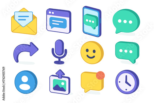 Direct Messaging flat isometric set: open envelope, chat window, mobile phone, text message bubble, reply arrow, mic recording, sticker icon, typing animation, contact icon, image