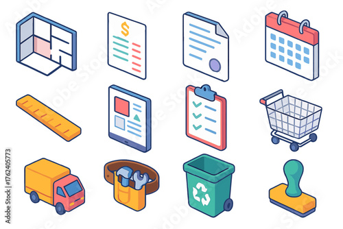 Remodel Planning Collection flat isometric set: floor plan, budget sheet, contract document, calendar, ruler, design mockup, clipboard checklist, shopping cart, delivery truck,