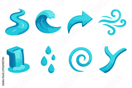 Flow set icons in modern isometric flat vector style: winding river, rolling wave, curved arrow, swirling wind, waterfall, droplet trail, spiral line, branching stream.
