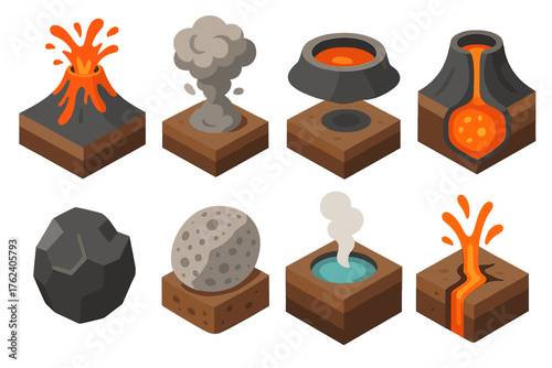 Volcanic mantle set icons in modern isometric flat vector style: lava eruption, ash cloud, crater, magma chamber, basalt rock, pumice stone, hot spring, fissure vent.
