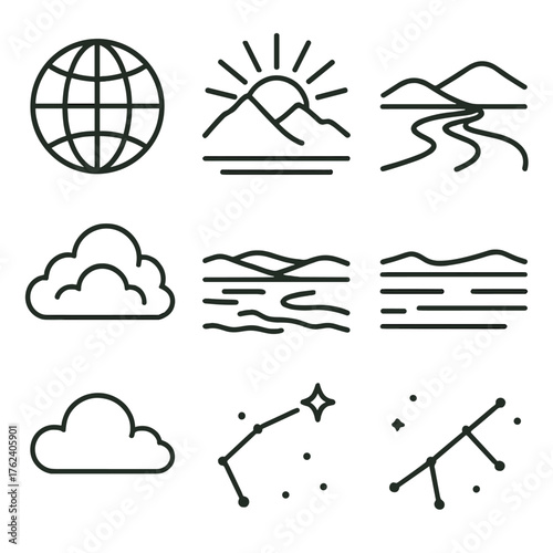 Expanse outline icon set: globe, distant mountains, spreading rays, flowing river, wide plain, cloud bank, vast sea, constellation.