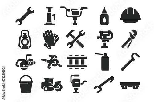 A set of icons related to construction, repair, and work equipment. Used to represent tools and equipment in construction and technical contexts.