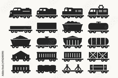 A set of 20 black-and-white silhouettes of railway cars and locomotives. Various types of cars, including freight cars (flatcars, tank cars, hopper cars), passenger cars, and locomotives.