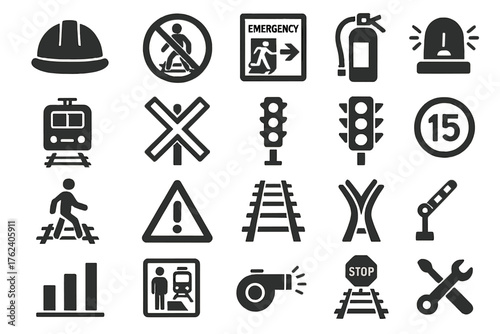 A set of pictograms related to rail transport, safety, and road signs. Used to indicate safety, orientation, and traffic control at railway facilities.