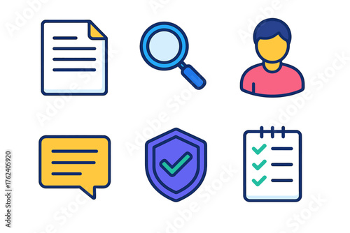 Peer Review flat isometric set: paper file, magnifier, reviewer icons, comment box, verified badge, checklist.