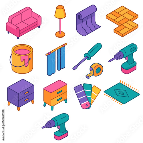 Interior Remodel Icons flat isometric set: couch, lamp, wallpaper, floor tiles, paint bucket, curtain, screwdriver, tape measure, furniture icon, drill, color palette, rug.