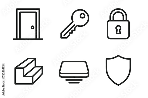 Physical entry point outline icon set: door, key, lock, step, doormat, shield.